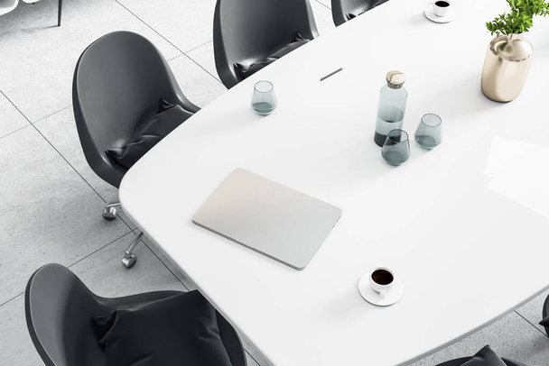 Top view and close up of modern white conference room desktop with items. Workplace concept. 3D Rendering - Photo, Image