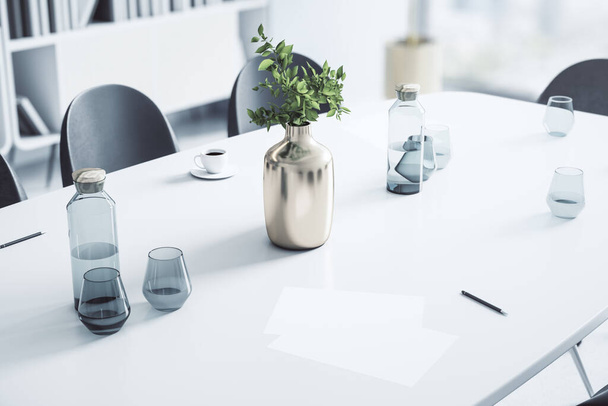 Top view and close up of modern white meeting room desktop with items. Workplace concept. 3D Rendering - Fotoğraf, Görsel