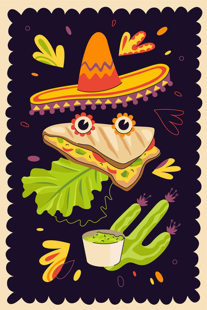 メキシコ料理レストランのメニューや食事の広告のためのメキシコのファーストフードquasadilla手描きのポスター。伝統的なラテンアメリカ料理のバナーとソムブレロ。小麦やトウモロコシのトルティーヤチーズと.EPS - ベクター画像
