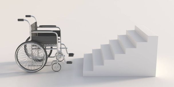 Invalidní vozík a schody. Prázdné kolečkové křeslo před schodištěm, bez přístupu pro invalidy a hendikepované, je nutná rampa. 3D ilustrace - Fotografie, Obrázek