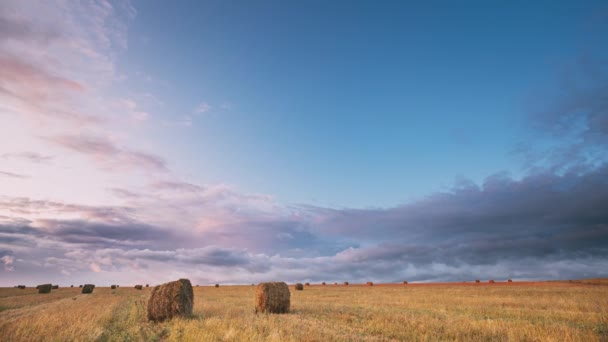Dramatischer Himmel vor Regen mit Regenwolken am Horizont über der bäuerlichen Feldwiese mit Heuballen nach der Ernte während des abendlichen Sonnenuntergangs. Landwirtschafts- und Wettervorhersagekonzept - Filmmaterial, Video