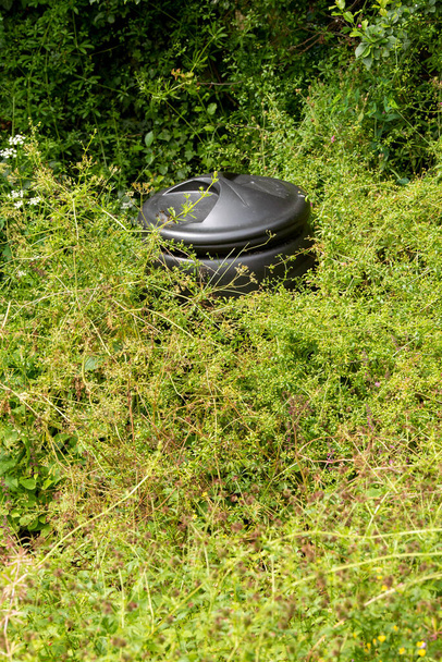 Hampshire, İngiltere, İngiltere. 2021 yılı. Yabani otlar İngiliz bahçesinde siyah plastik bir gübreleme kutusunu büyütüyor.. - Fotoğraf, Görsel