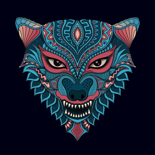 Stylized wolf in ethnic vector dark background - Vector, Image