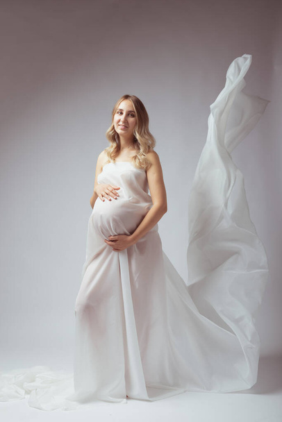 Elegant pregnant young woman standing wearing light fabric. Pregnancy, fantasy and fairy tale concept. - Fotoğraf, Görsel