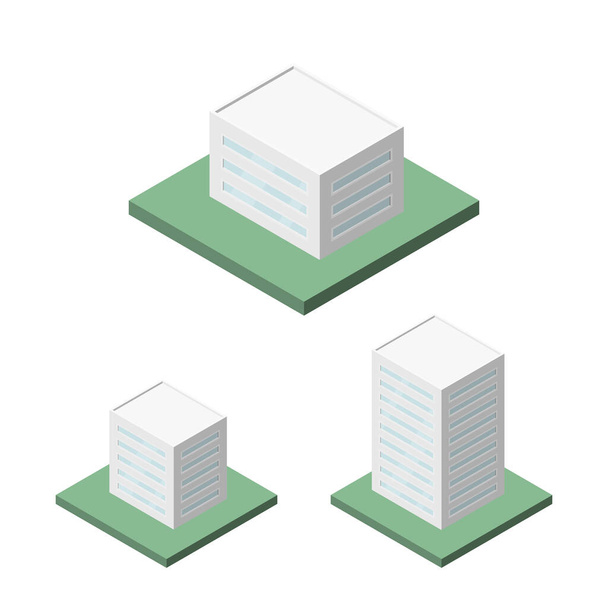 Ensemble vectoriel isométrique d'immeubles de bureaux modernes pour icônes, infographie. - Vecteur, image