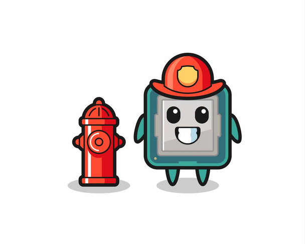 Personagem de mascote do processador como um bombeiro, design de estilo bonito para t-shirt, adesivo, elemento do logotipo - Vetor, Imagem