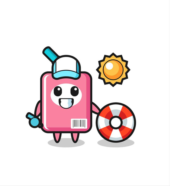Dibujos animados mascota de la caja de leche como guardia de playa, lindo diseño de estilo para la camiseta, pegatina, elemento de logotipo - Vector, Imagen