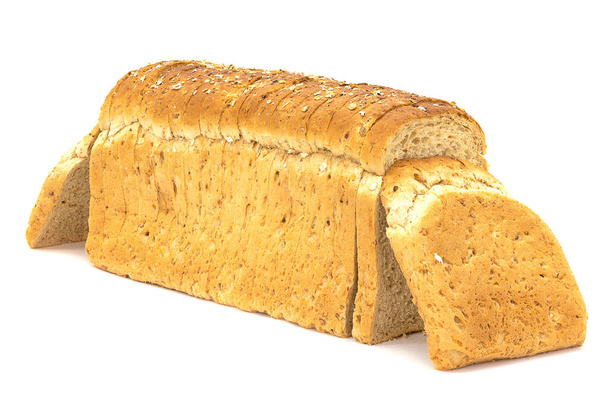A closeup of fresh and sliced oat and barley loaf of bread on a white background - Foto, imagen