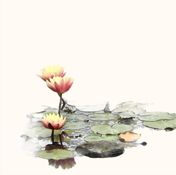 Drie lotussen in de tuin vijver op crème achtergrond samenstelling, aquarel  - Vector, afbeelding