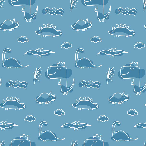 Nahtloses Muster mit Dinosauriern für Babygewebe, Textilien, Babytapeten. Weiße Linien kritzeln auf blauem Hintergrund. - Vektor, Bild