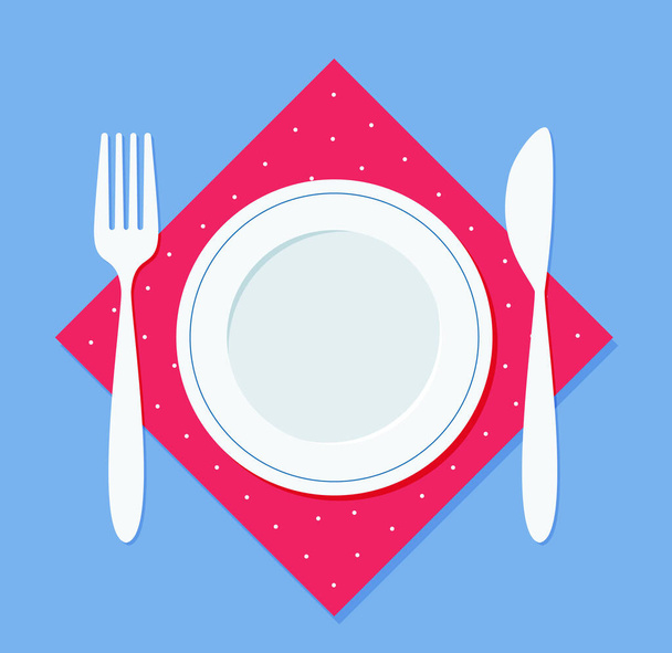A plate, with a fork and a knife on a napkin. Vector illustration in flat style EPS 10 - Vector, Image