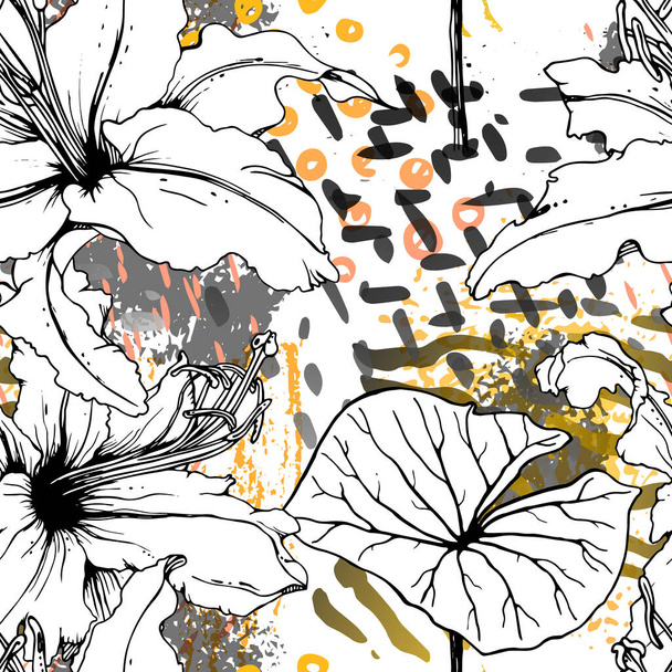 Floral Black and White Seamless Pattern. Modern Artistic Watercolor Print. Fashion Outline Flowers Surface. Botanic Vector Motif on Ink Stains Texture. Drawing Abstract Leaf. Trend Tropic Background. - Διάνυσμα, εικόνα