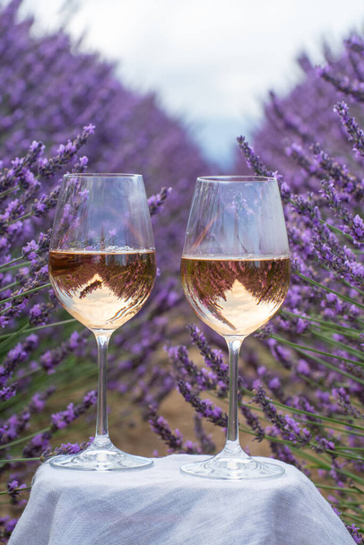 Léto ve francouzském Provence, studená gris růžové víno z Cotes de Provence a kvetoucí barevné levandulové pole na náhorní plošině Valensole, chutě a vůně Provence, Francie - Fotografie, Obrázek