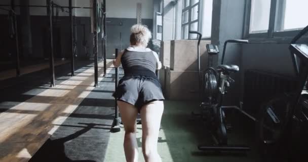 Overcoming difficulties. Back view young athletic woman pushing training sled exercising in large empty gym slow motion. - Felvétel, videó