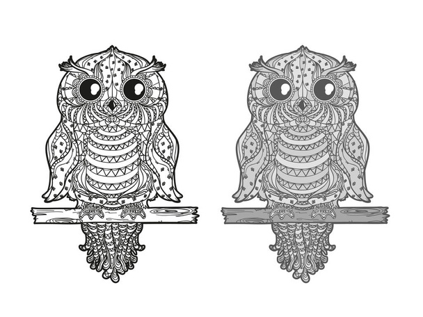 Owl on isolated white. Detailed hand drawn line bird with abstract patterns on isolated background. Abstract ornate character. Different color options. Black and white illustration - Vektor, Bild