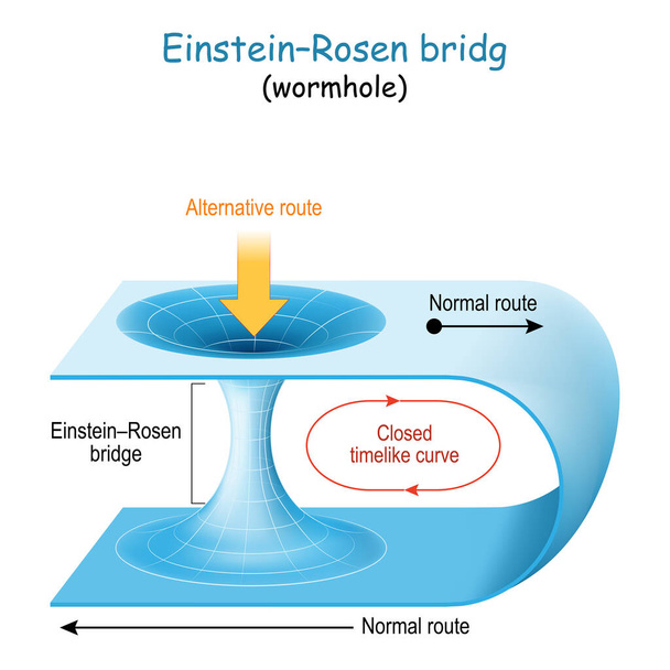 ワームホールだ。アインシュタイン・ローゼンブリッジ。宇宙を横断する長い旅のための時空を通過する理論。一般相対性理論。タイムトラベルはワームホールだけで可能です。 - ベクター画像
