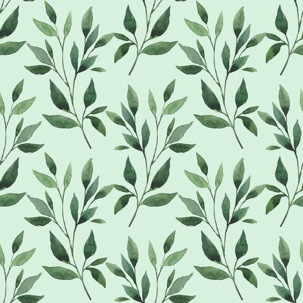 Seamless background with green leave doodles on bright mint background. Luxury pattern for creating textiles, wallpaper, paper, scrapbook. Vintage. Romantic floral Illustration - Foto, afbeelding