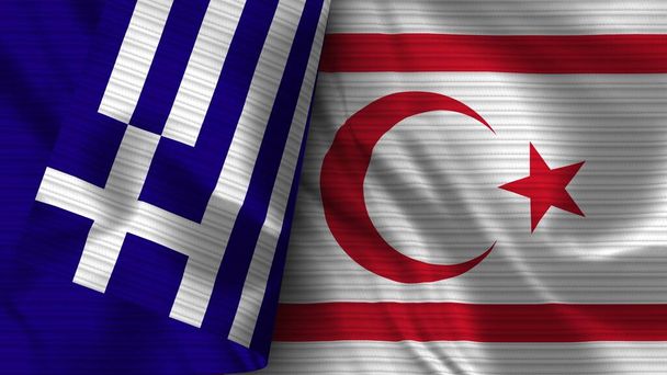 Turecka Republika Cypru Północnego i Grecja Rzeczywista flaga Tekstura tkaniny 3D Ilustracja - Zdjęcie, obraz