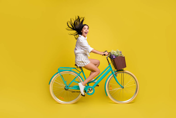 Full size profile side photo of young happy excited smiling girl riding bicycle with wildflowers isolated on yellow color background - Фото, изображение