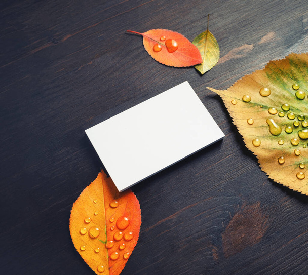 Λευκά επαγγελματική κάρτα και φύλλα του φθινοπώρου σε ξύλινο τραπέζι φόντο. - Φωτογραφία, εικόνα