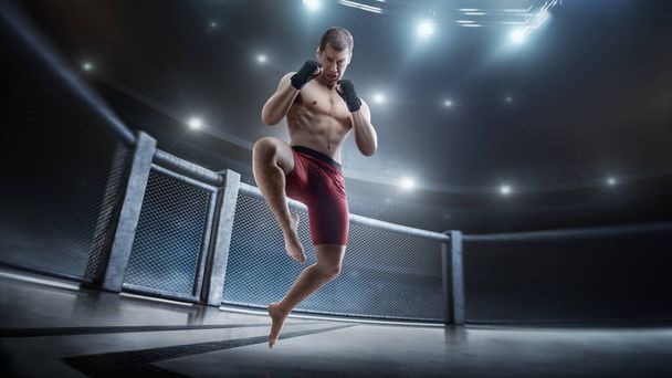 Jumping knee kick in the octagon. MMA cage. Male fighter jumping with a knee kick. Straight view. Sport. 3D - Photo, Image