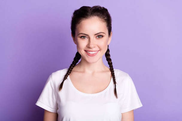 Photo of young attractive girl happy positive toothy smile braids isolated over purple color background - Zdjęcie, obraz