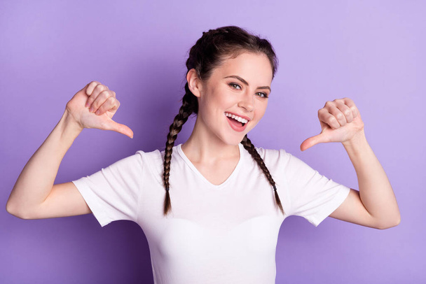 Photo of young attractive girl happy positive smile indicate thumb herself proud isolated over purple color background - Zdjęcie, obraz