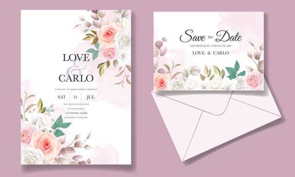 美しい花と葉の結婚式の招待カード - ベクター画像