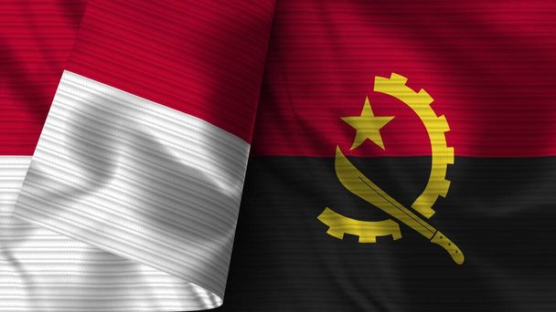 Angola and Indonesia Realistic Flag  Fabric Texture 3D Illustration - Foto, Imagen