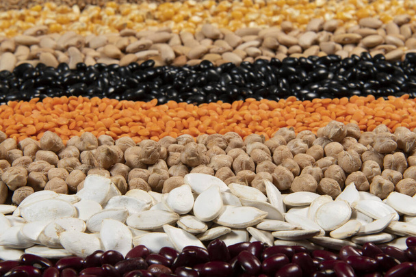 Коллекция различных сортов зерновых и съедобных сухих семян. Примеры источников волокна - Фото, изображение