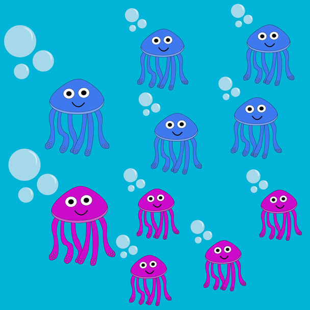 Lindo mar medusas familia feliz, con madre y padre e hijos, hijos e hijas nadan en el mar, vector de ilustración. - Foto, Imagen