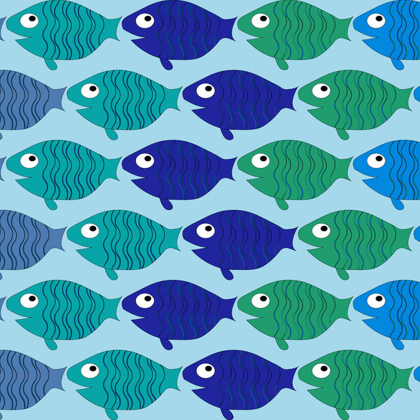 Seamless pattern with painted colorful fishes. Can be used for wallpaper, textiles, packaging, cards, covers. Small colorful fish on a blue  background. - Photo, Image