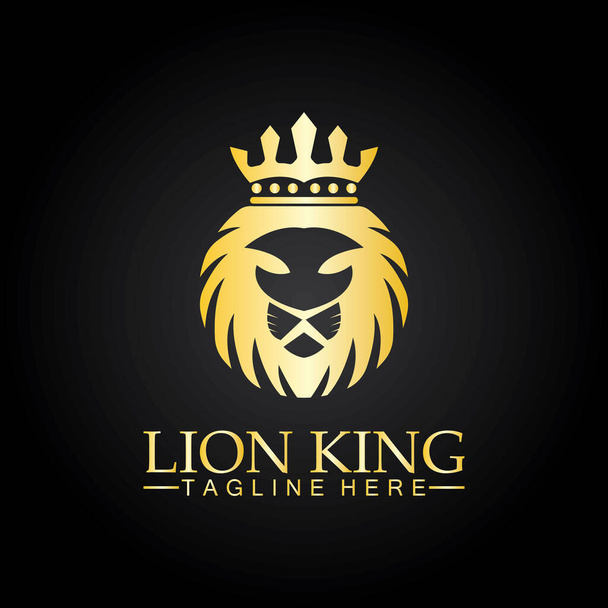 Lion King logo wektor ilustracja design.gold lew król głowa znak koncepcja izolowane czarne tło - Wektor, obraz