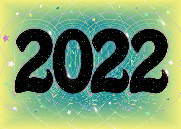 Black number 2022 for New Year with green background, blurs, sparls and stars - Vector, Image