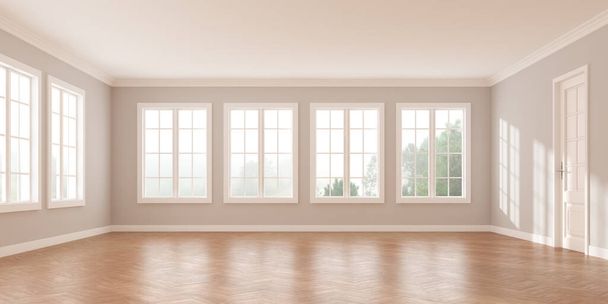 3D rendering of white empty room with wooden floor and sun light cast shadow on the wall. Windows and nature background. - Photo, Image