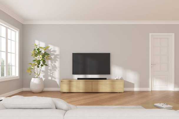 3D renderização da moderna sala de estar com tela de TV e sofá no fundo da natureza. - Foto, Imagem