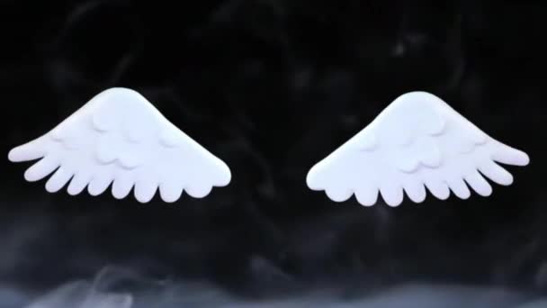 Valkoinen kulma siivet Misty sumuinen tausta 4K animaatioita. Valkoiset siivet 3D Renderings. Eristetty fantasia realistinen valkoinen enkeli siivet liikkeessä. - Materiaali, video