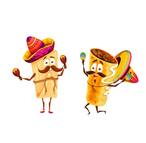 Cartoon Mexicaanse tamales en chimichanga gelukkige personages. Vector mariachi grappige muzikanten in sombrero spelen maracas, tex mex fastfood artiesten met snorren vieren nationale feestdagen en zingen - Vector, afbeelding
