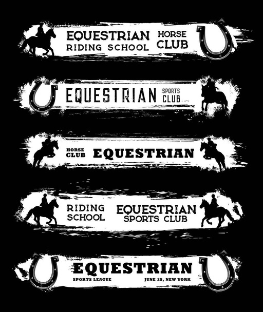 Bandiere dei club sportivi equestri, equitazione e corse, elementi di design grunge vettoriale a ferro di cavallo. Scuola di equitazione e campionato sportivo, gare di fantino piloti su ippodromo set di carte retrò monocromatiche - Vettoriali, immagini