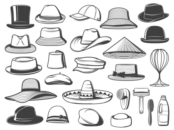 Men and women hats, caps and panamas. Vector top hat, trilby and sombrero, homburg, bucket and cowboy, asian, fez and boater, basketball, breton and flat cap, fedora, floppy and cleaning accessories - Vector, Image