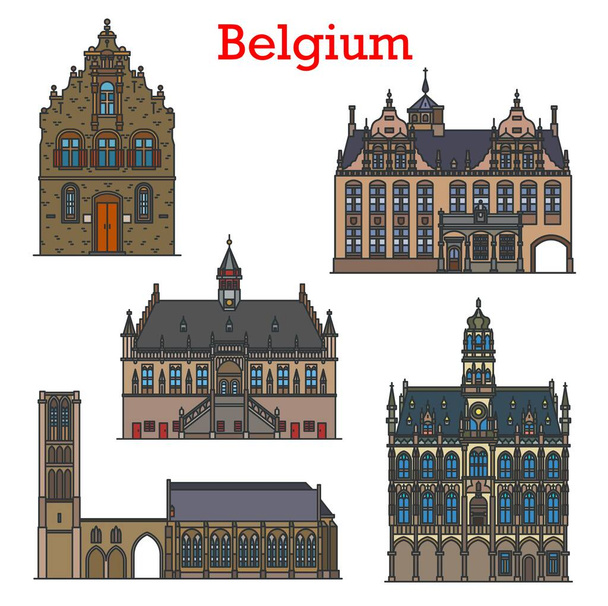 Belgium utazási tájékozódási pontok és építészet, vektor belga városnéző épületek. Butcher Hall vagy Húsház Vleeshuis Werne, Church of Our Lady in Damme, Városháza Stadthuis Oudenaarde - Vektor, kép