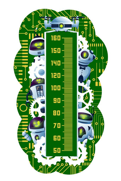 Dětský výškový graf. Karikatury robotů a androidů na palubě obvodu. Měřič růstu předškolního věku s roztomilými roboty, futuristickými droidy nebo cizími kyborgy, ozubenými koly a stopami základní desky - Vektor, obrázek