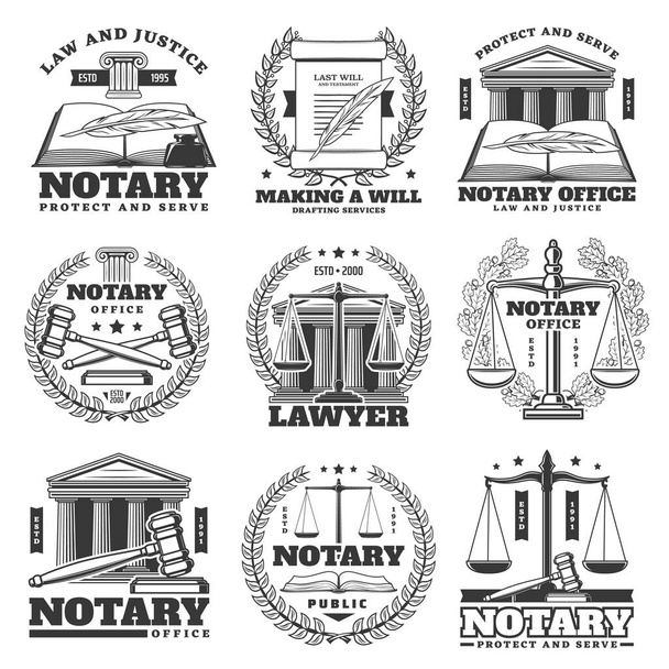 Notary office, lawyer and law firm icons, monochrome vector emblems. Law book, quill feather and laurel wreath, scales of justice symbol, court judge gavel and last will parchment scroll or document - Vector, Image