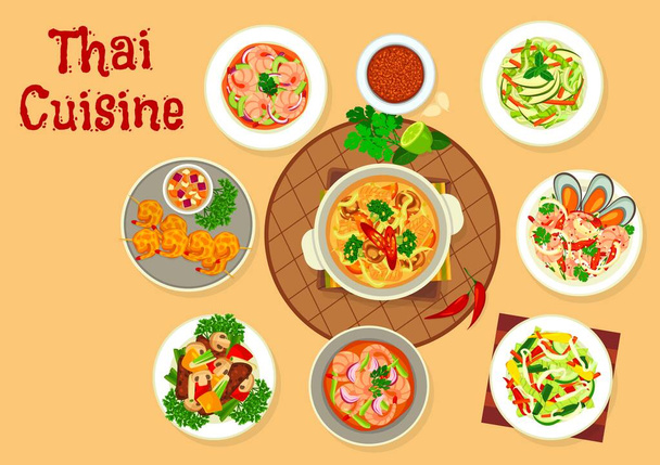 Thaise keuken voedsel vector ontwerp van Aziatische zeevruchten en groentesalades, soepen en vlees stoofpot. Panang kerriepasta, garnalen, citroengras, sojabonen en mosselsalades, gehavende garnalen, rundvlees en champignons - Vector, afbeelding