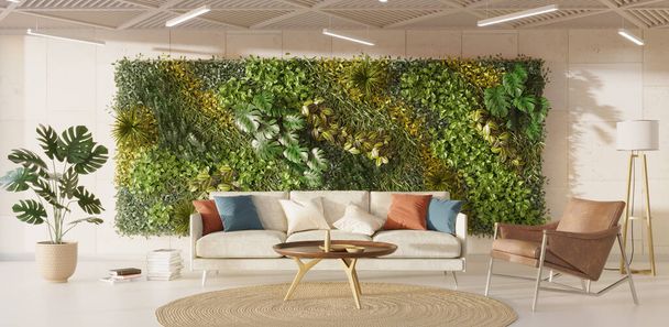 Interior acolhedor sala de estar com parede verde, renderização 3d - Foto, Imagem