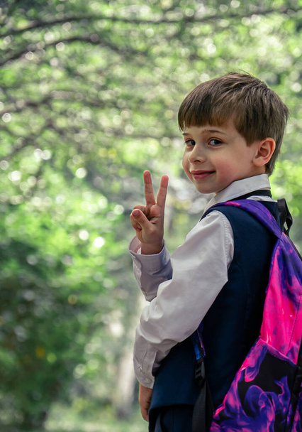 Portret pięknego uśmiechniętego chłopca w szkolnym mundurze patrzącego w kamerę i pokazującego znak V. - Zdjęcie, obraz