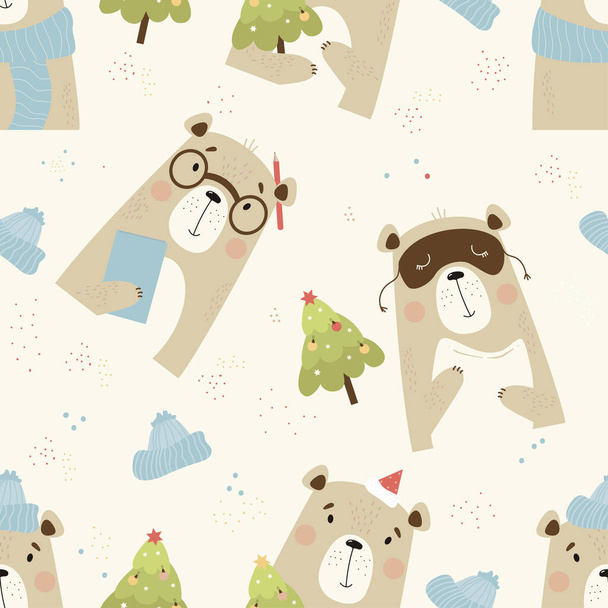 Απρόσκοπτη μοτίβο με χαριτωμένες αρκούδες. Ζώο με χειμωνιάτικα ρούχα, καπέλο και χριστουγεννιάτικο δέντρο, με βιβλίο και γυαλιά, με μαξιλάρι και μάσκα για ύπνο σε λευκό φόντο. Εικονογράφηση διανύσματος - Διάνυσμα, εικόνα