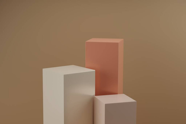 3d render. Forma de cubo podio geométrico sobre fondo beige. Pedestal realista, ilustración 3d - Foto, imagen