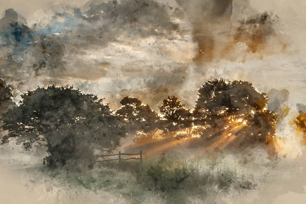 Pintura digital en acuarela del impresionante y vibrante amanecer de verano sobre el paisaje rural inglés  - Foto, Imagen