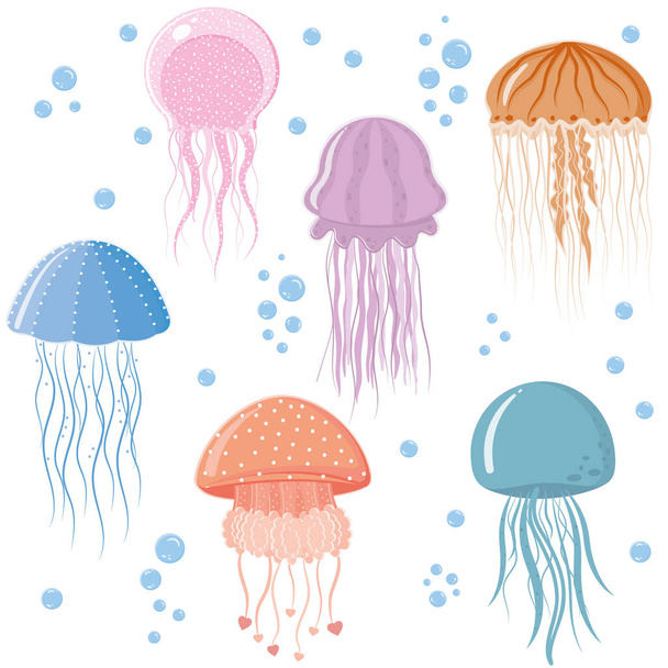 Шаблон медузы, цветная векторная иллюстрация на белом фоне. - Вектор,изображение